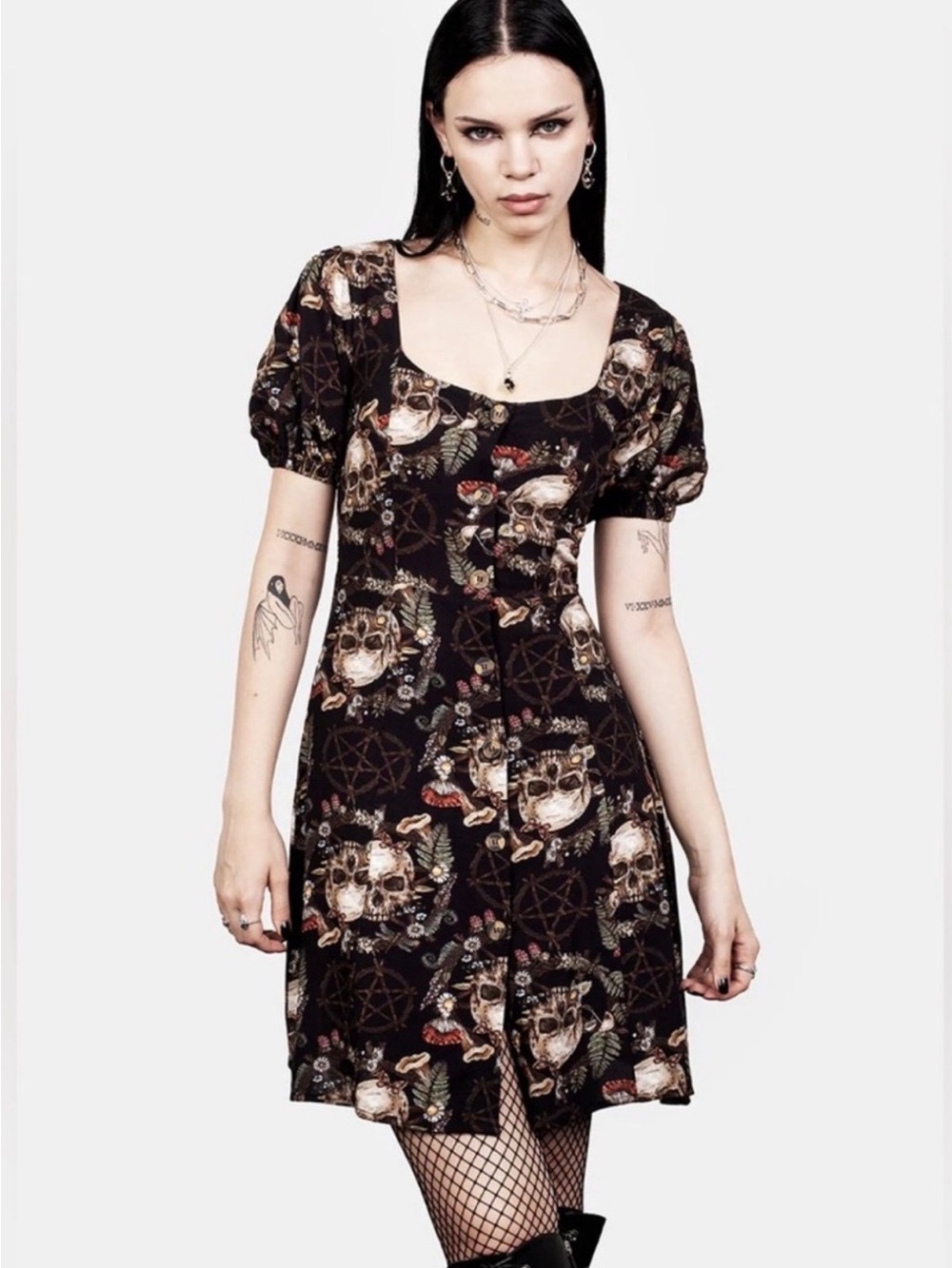 Disturbia Gothic Skull Print Puff Sleeve Dress in Black
